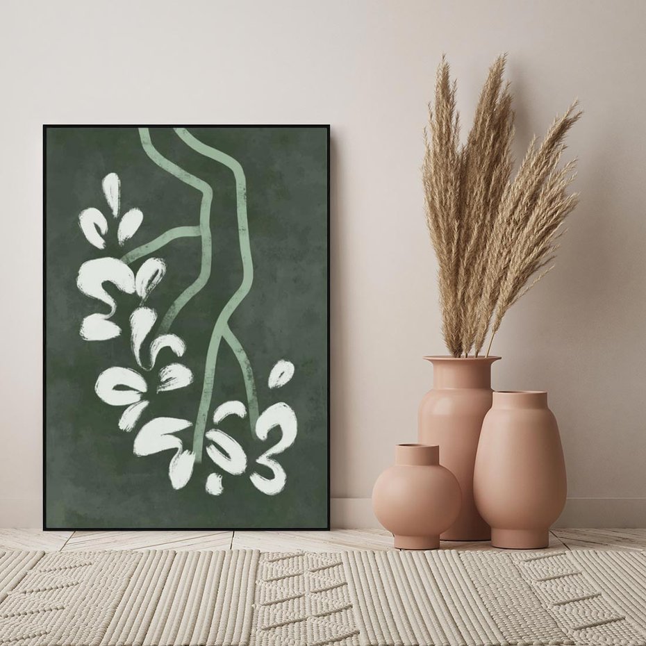 Obraz w ramie 50x70 - Rozkwitające Zielone Gałęzie - abstrakcyjne delikatne zielone linie, podobne do gałęzi kwiatów - rama czarna