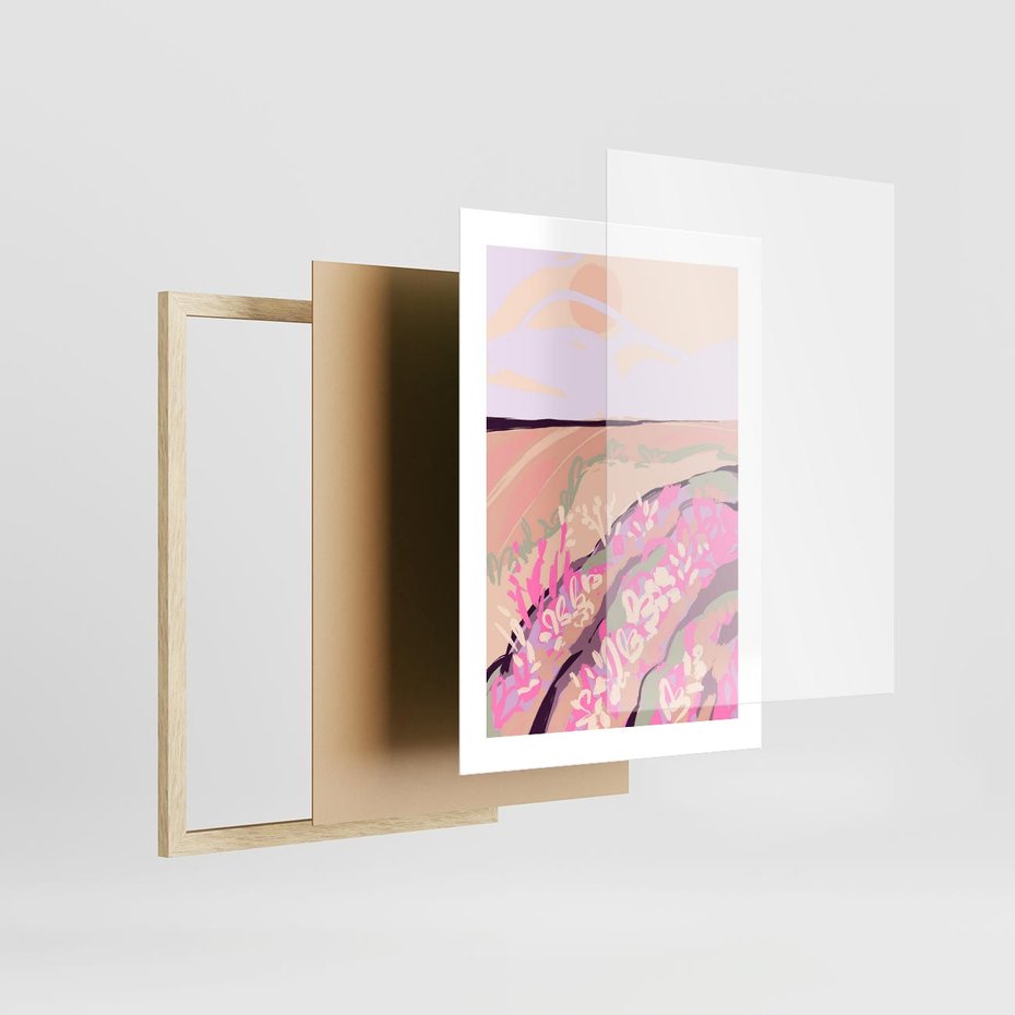 Plakat w ramie 30x40 - Harmonijny Świt - pastelowy krajobraz, nowoczesny plakat - rama drewno