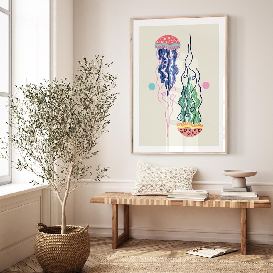 Plakat w ramie 50x70 - Morskie Pulsacje - nowoczesny optymistyczny plakat, kolorowe meduzy - rama drewno