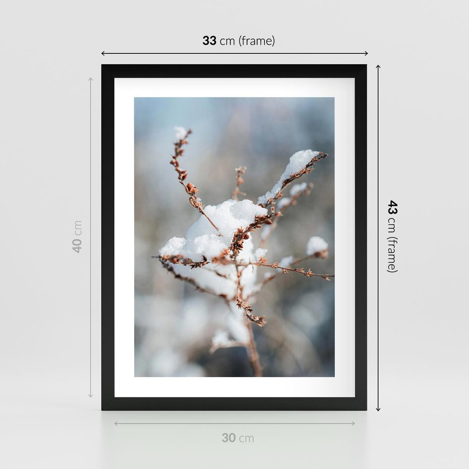 Plakat w ramie 30x40 - Zimowy Urok Natury - gałązki pod śniegiem, natura - rama czarna
