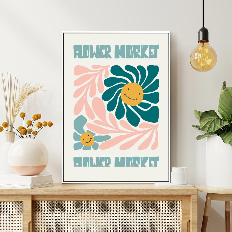 Obraz w ramie 70x100 - Harmonia płatków kwiatów - kwiatowa retro kompozycja, pastelowe kolory - rama biała