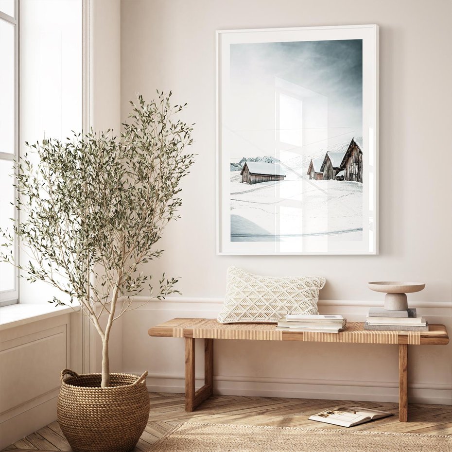 Plakat bez ramy 50x70 - Zima w Domkach: Urok Śnieżnej Scenerii - domki w śnieżnym krajobrazie