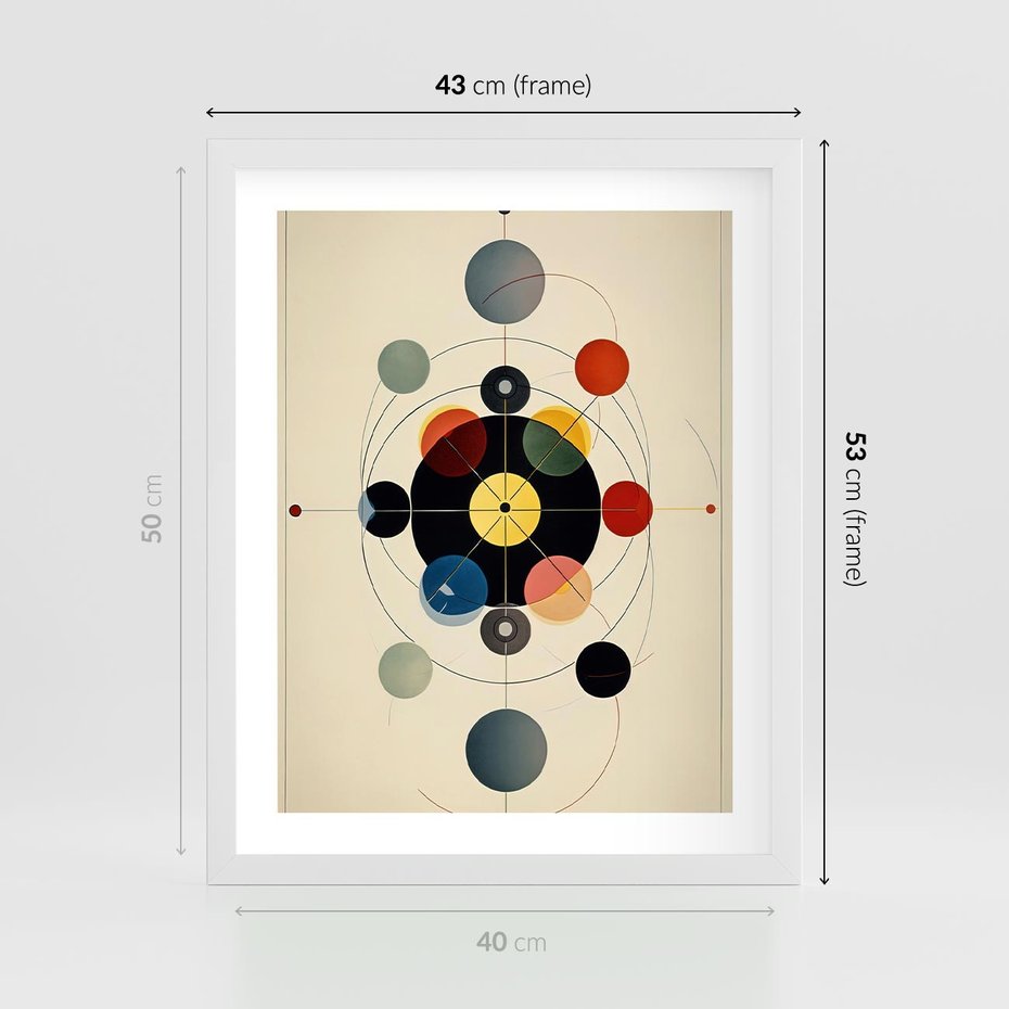 Plakat w ramie 40x50 - Bezgraniczny Taniec Światła - abstrakcyjna geometryczna kompozycja, koła linie - rama biała