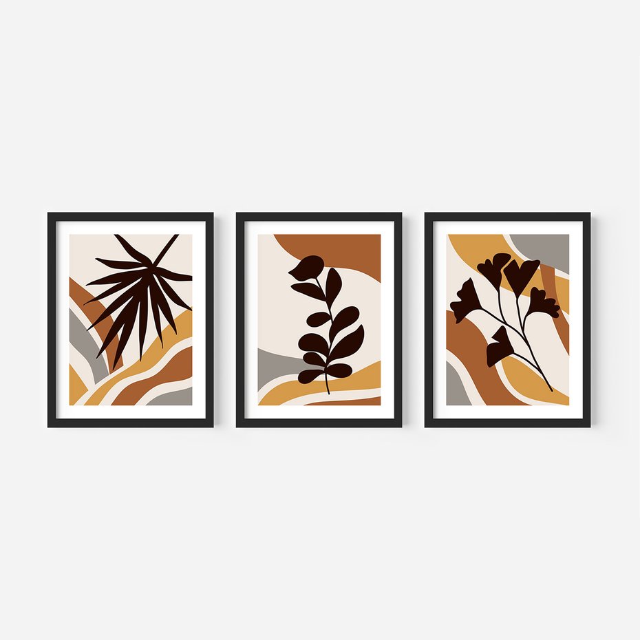 Zestaw obrazy w ramie 30x40 galeria - Liście, kwiaty, boho - rama czarna