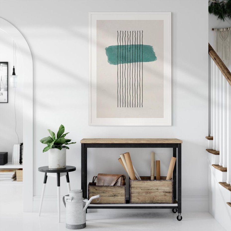 Plakat w ramie 40x50 - Bezczasowe Wspomnienia - abstrakcyjna akwarelowa plama, nieregularne kreski - rama biała