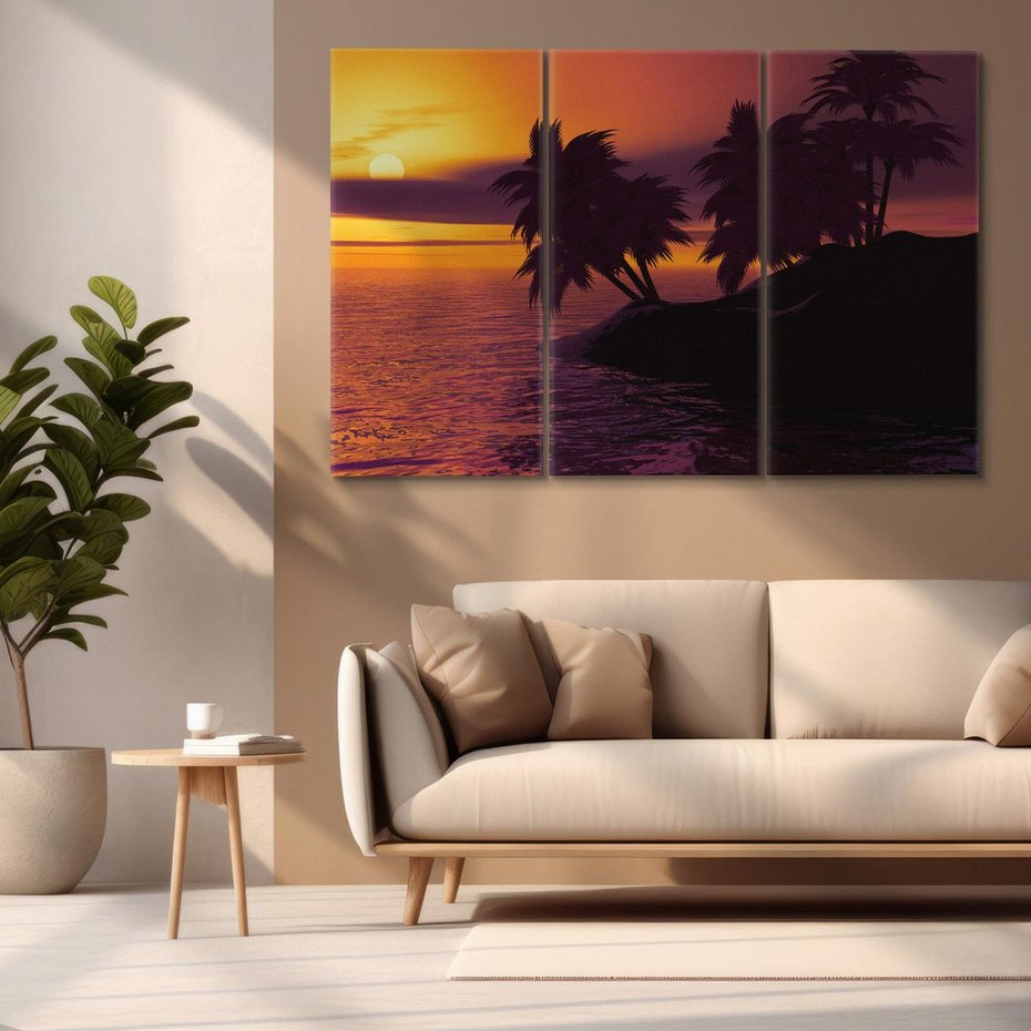Obraz na płótnie 120x80 - Zachód słońca - Palmy nad morzem - zachód słońca, palmy