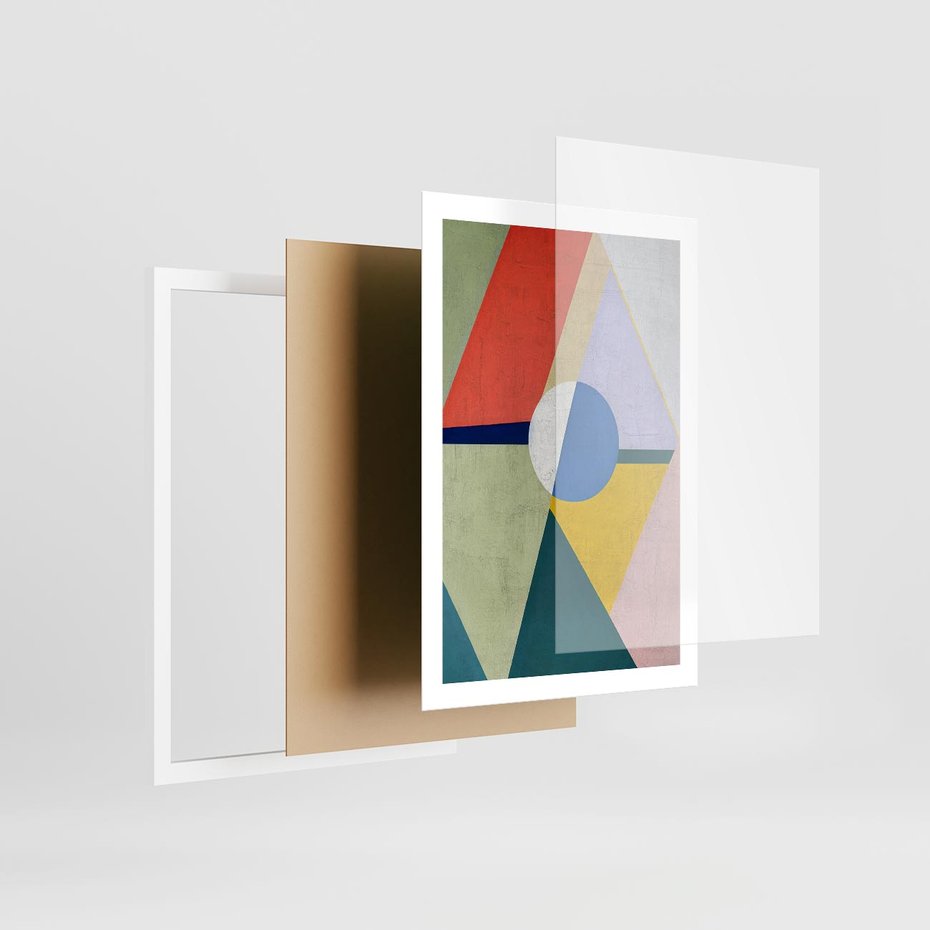 Plakat w ramie 50x70 - Taniec Subtelnych Odbić - abstrakcyjne geometryczne kształty, olejny obraz - rama biała