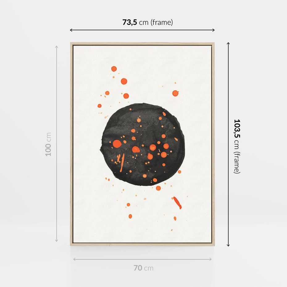 Obraz w ramie 70x100 - Impulsy Kreatywności - abstrakcyjna czarna plama, rozsiane pomarańczowe kropki - rama drewno