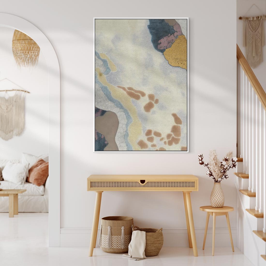 Obraz w ramie 50x70 - Melancholijne oddechy pędzla - abstrakcyjne formy, zgaszone kolory - rama biała