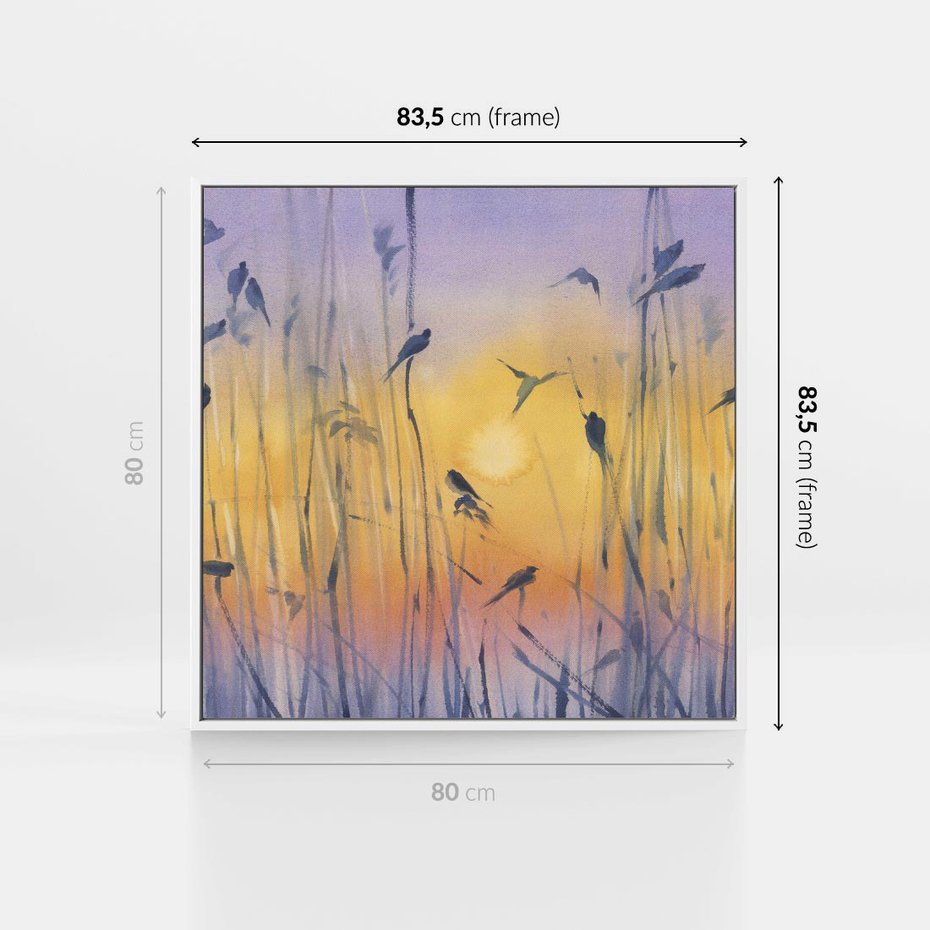 Obraz w ramie 80x80 - Mistyka Poranka nad Szuwaram - wschód słońca w szuwarach, trawy - rama biała