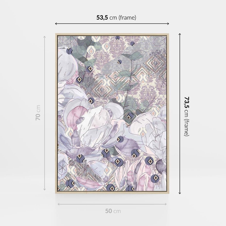 Obraz w ramie 50x70 - Malowane oddechy istnienia - pomieszane tekstury, kwiatowe elementy - rama drewno