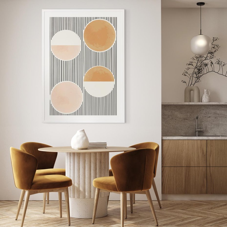 Plakat w ramie 30x40 - Przenikające Kształty - abstrkacyjna nowoczesna sztuka, koła okręgi - rama biała