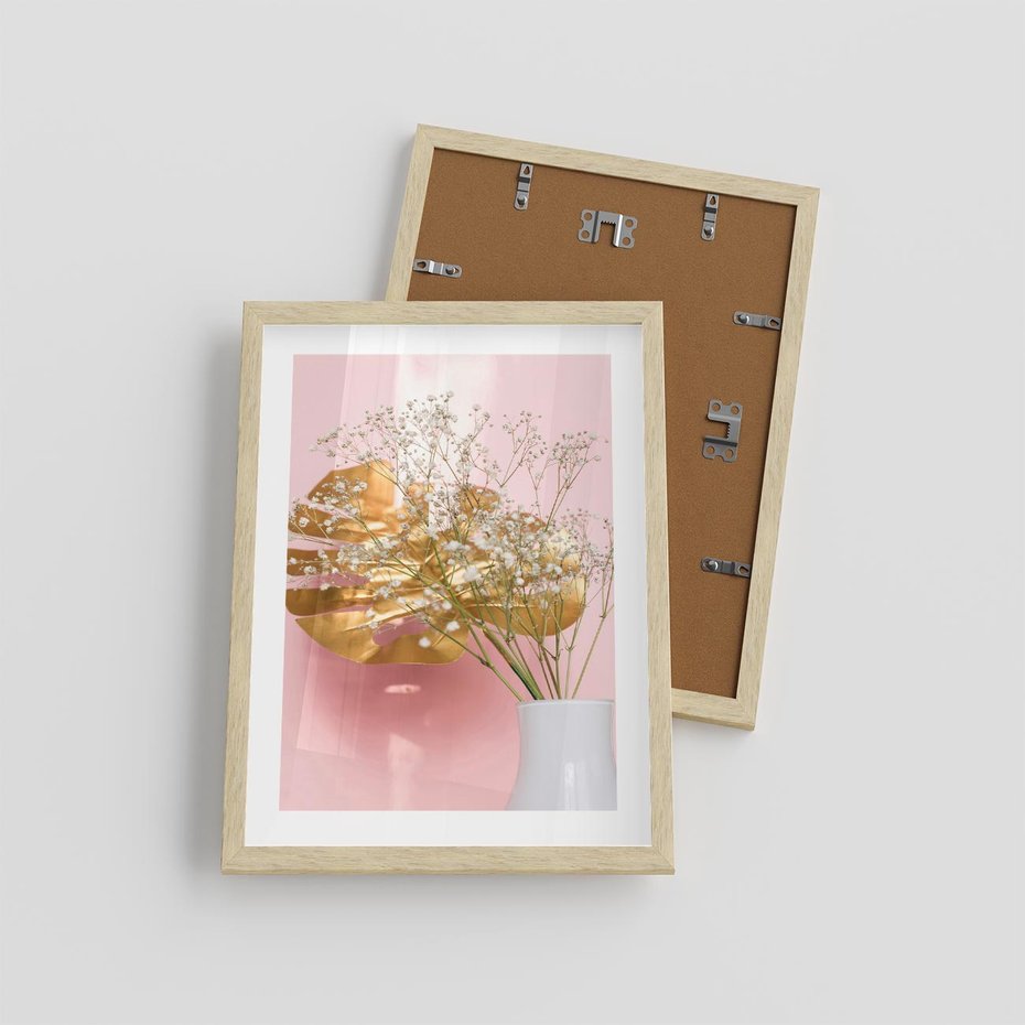 Plakat w ramie 30x40 - Złoty Akcent - złoty liść montery, gipsówka - rama drewno