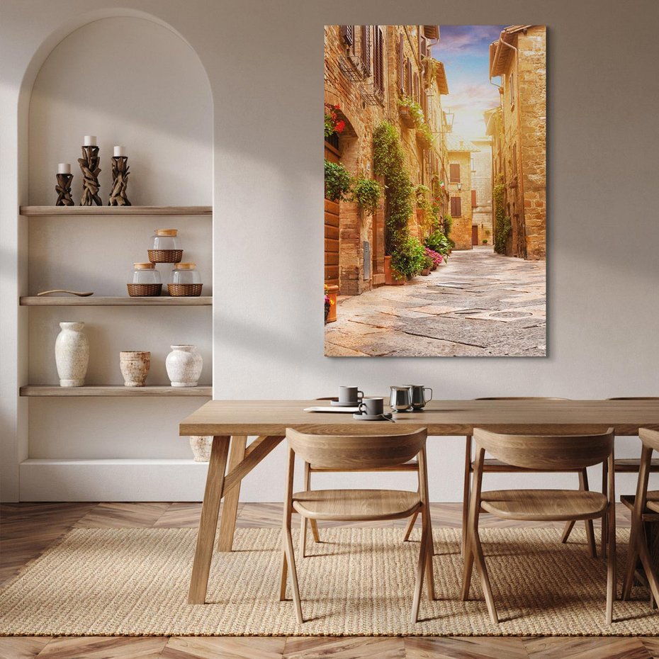 Obraz na płótnie 80x120 - Urok uliczki miejskiej z kwiatami - sklep, uliczka