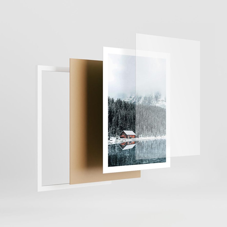Plakat w ramie 50x70 - Biały Domek - domek w górach, zima - rama biała