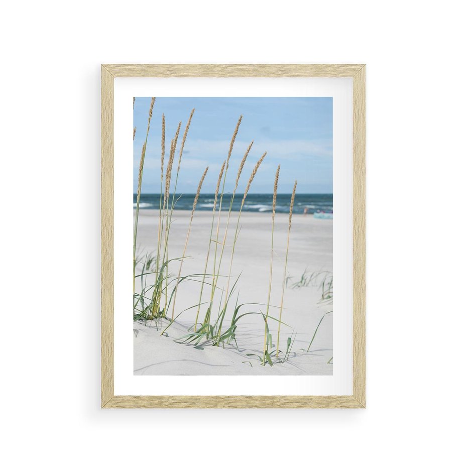 Plakat w ramie 30x40 - Przytulna Śródziemnomorska Trawa - plaża, trawy - rama drewno