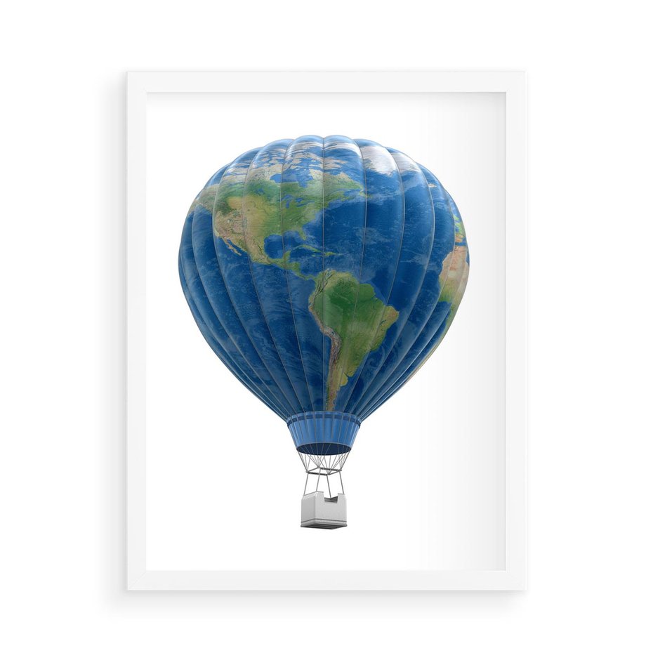 Plakat w ramie 50x70 - Podróżniczy balon nad ziemią - balon, ziemia - rama biała