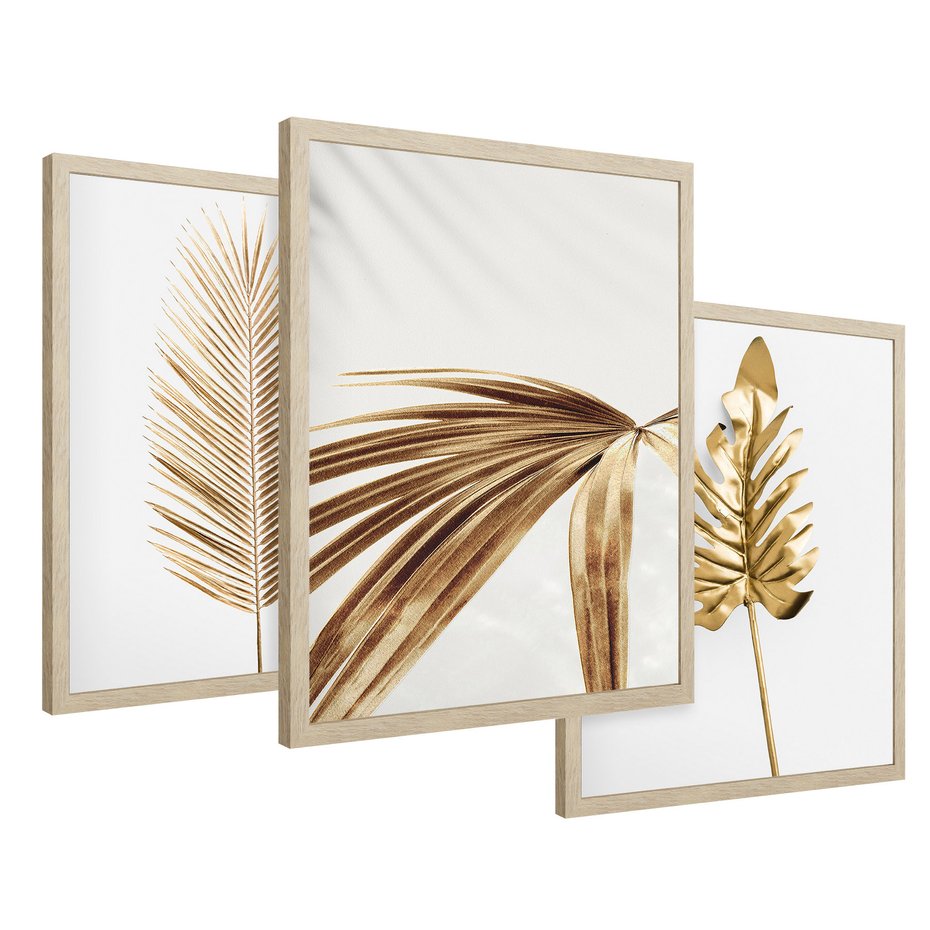 Zestaw obrazy w ramie 30x40 galeria - Złote, palmy, liście, tropikalne, minimalizm - rama drewno