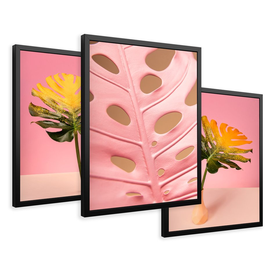 Zestaw obrazy w ramie 30x40 galeria - Monstera, liście, retro, pastele - rama czarna