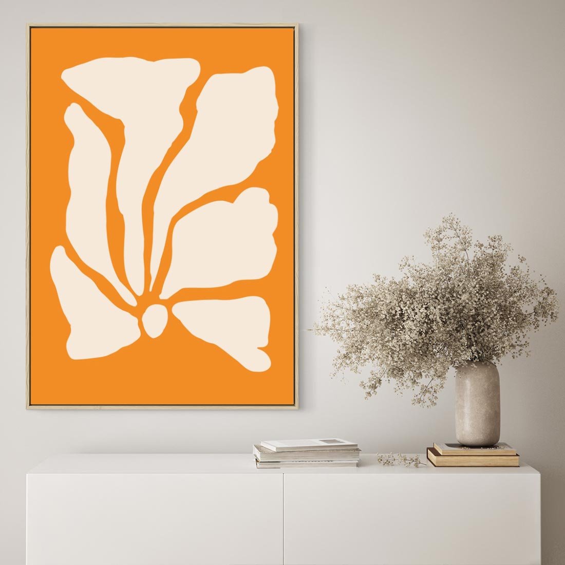 Obraz w ramie 50x70 - Wibracje Barw - abstrakcyjny boho plakat, pomarańczowe tło - rama drewno