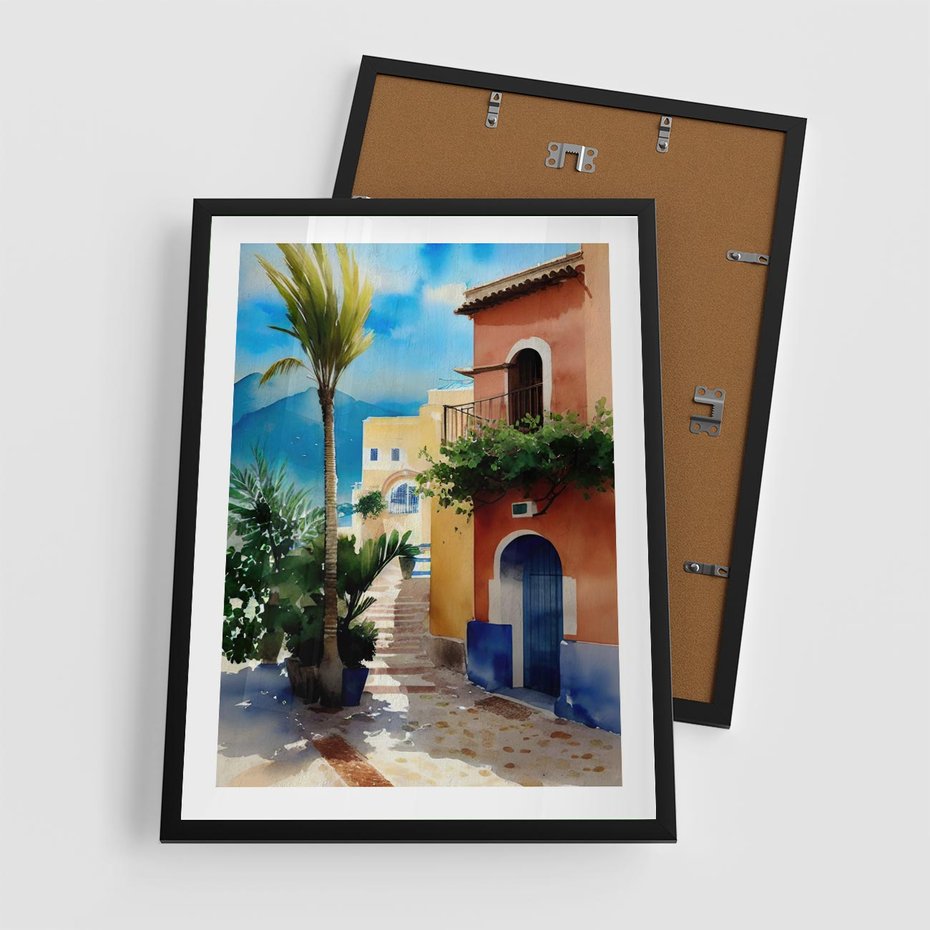 Plakat w ramie 50x70 - Spokój Miasta nad Morzem - akwarela, sródziemnomorski klimat - rama czarna