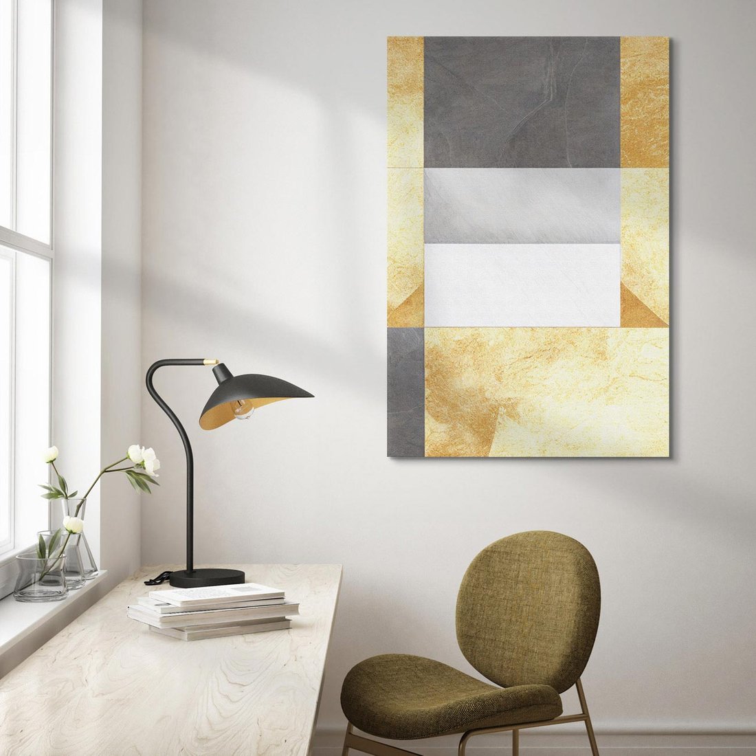 Obraz na płótnie 70x100 - Marmur w Geometrycznych Kształtach - geometryczne linie, złoto i szarość