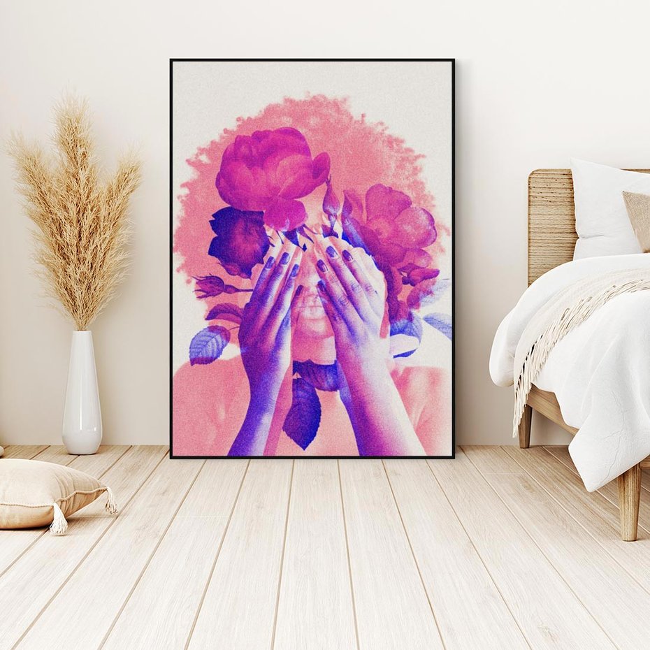 Obraz w ramie 70x100 - Kwiaty we Włosach - różowa postać, grafika - rama czarna