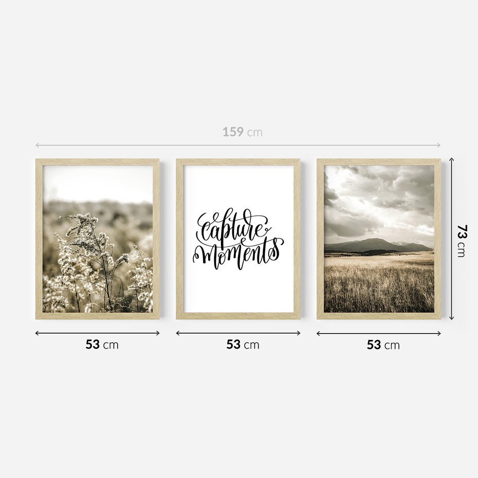 Zestaw obrazy w ramie 50x70 galeria - Boho, minimalizm, spokój, napis - rama drewno
