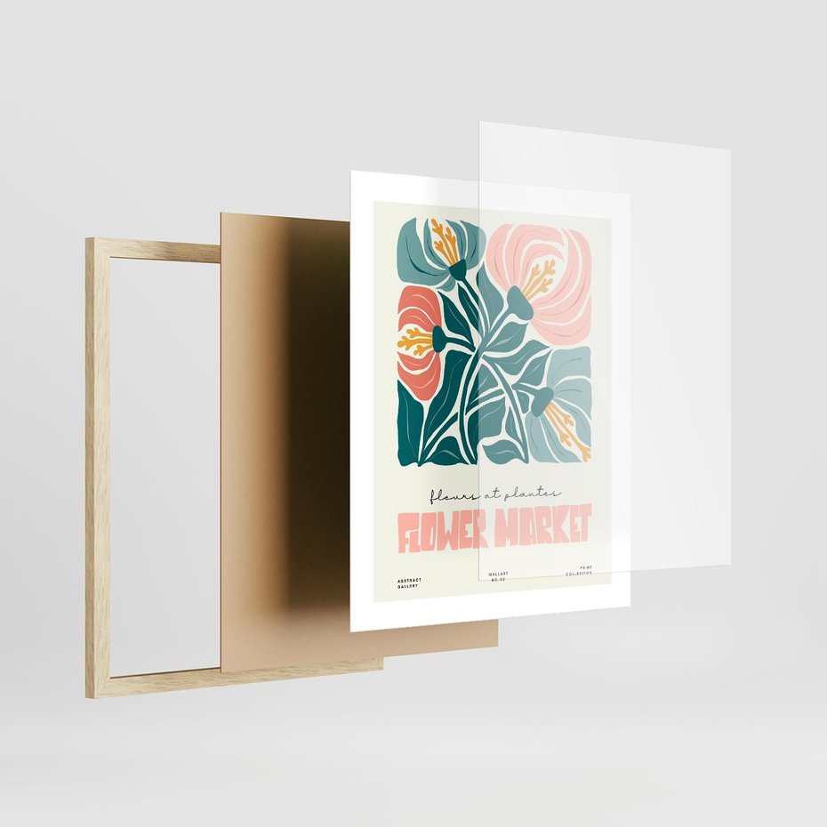 Plakat w ramie 40x50 - Taniec Kształtów - kwiaty, abstrakcyjna kompozycja - rama drewno