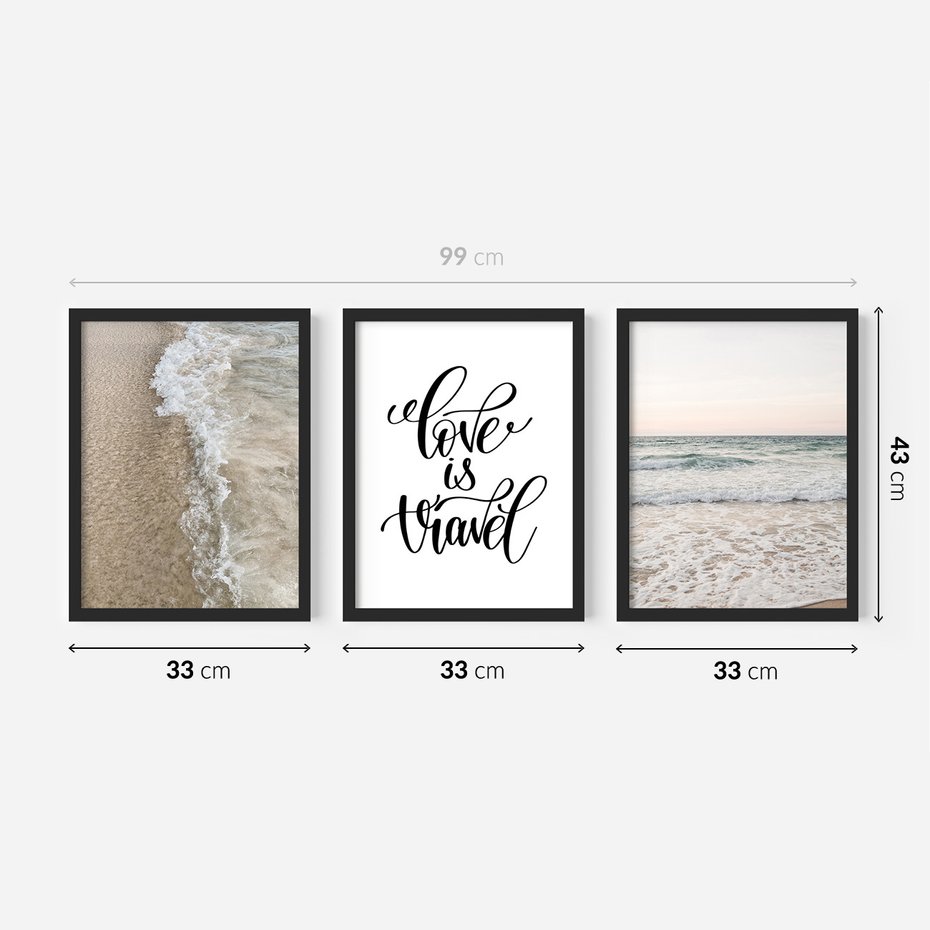 Zestaw obrazy w ramie 30x40 galeria - Plaża, morze, podróż, cytat - rama czarna