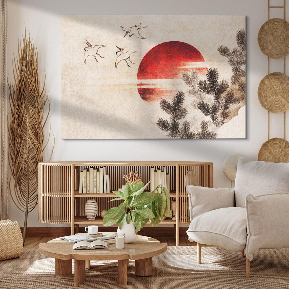 Obraz na płótnie 70x50 - "Birds and sunset" Katsushiki Hokusai - Reprodukcja - reprodukcja, obraz na płótnie