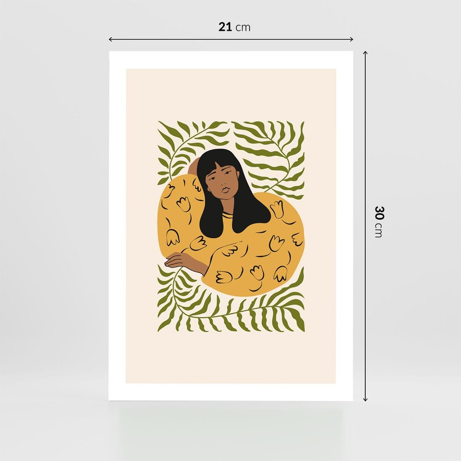 Plakat bez ramy 21x30 - Malowane Odbicia Wyobraźni - nowoczesny plakat, kobieta otoczona liśćmi