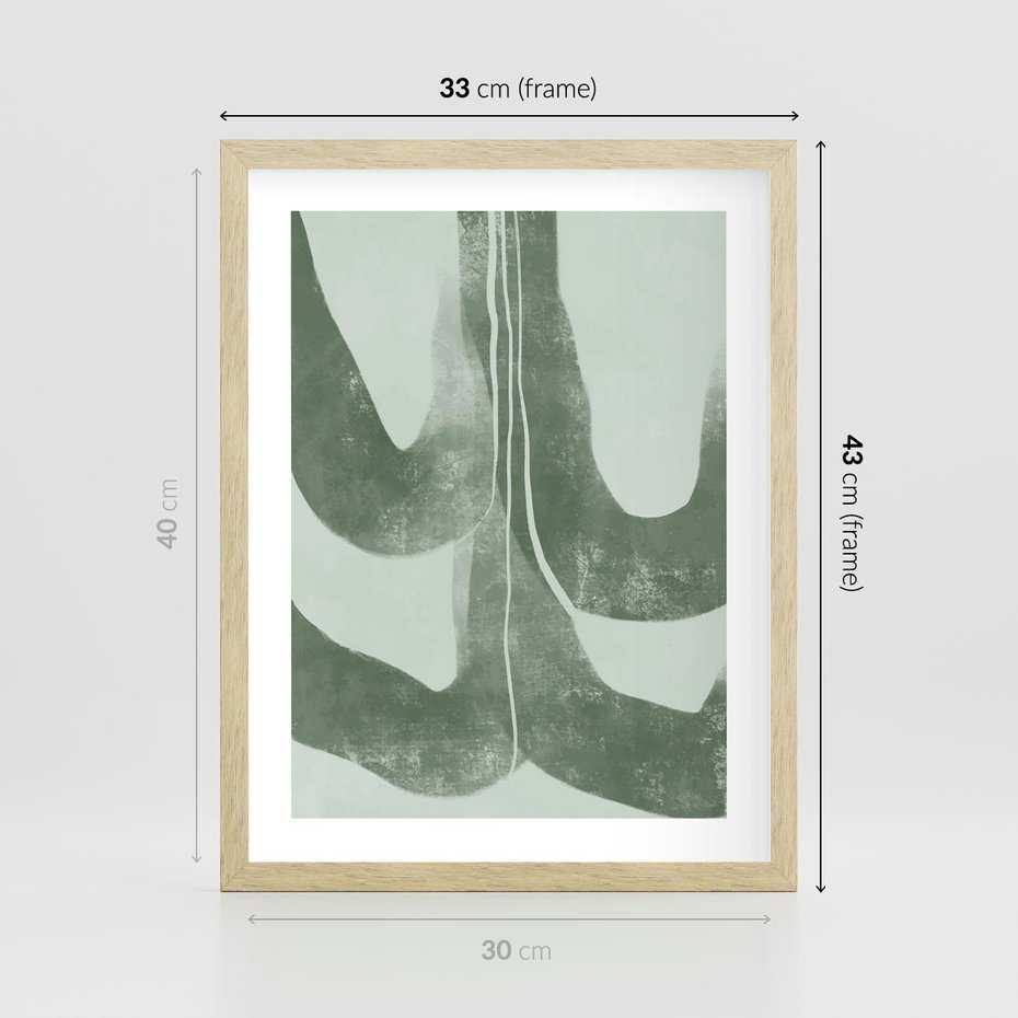 Plakat w ramie 30x40 - Nurtująca Kompozycja Zieleni - abstrakcyjne delikatne zielone linie, podobne do gałęzi kwiatów - rama drewno