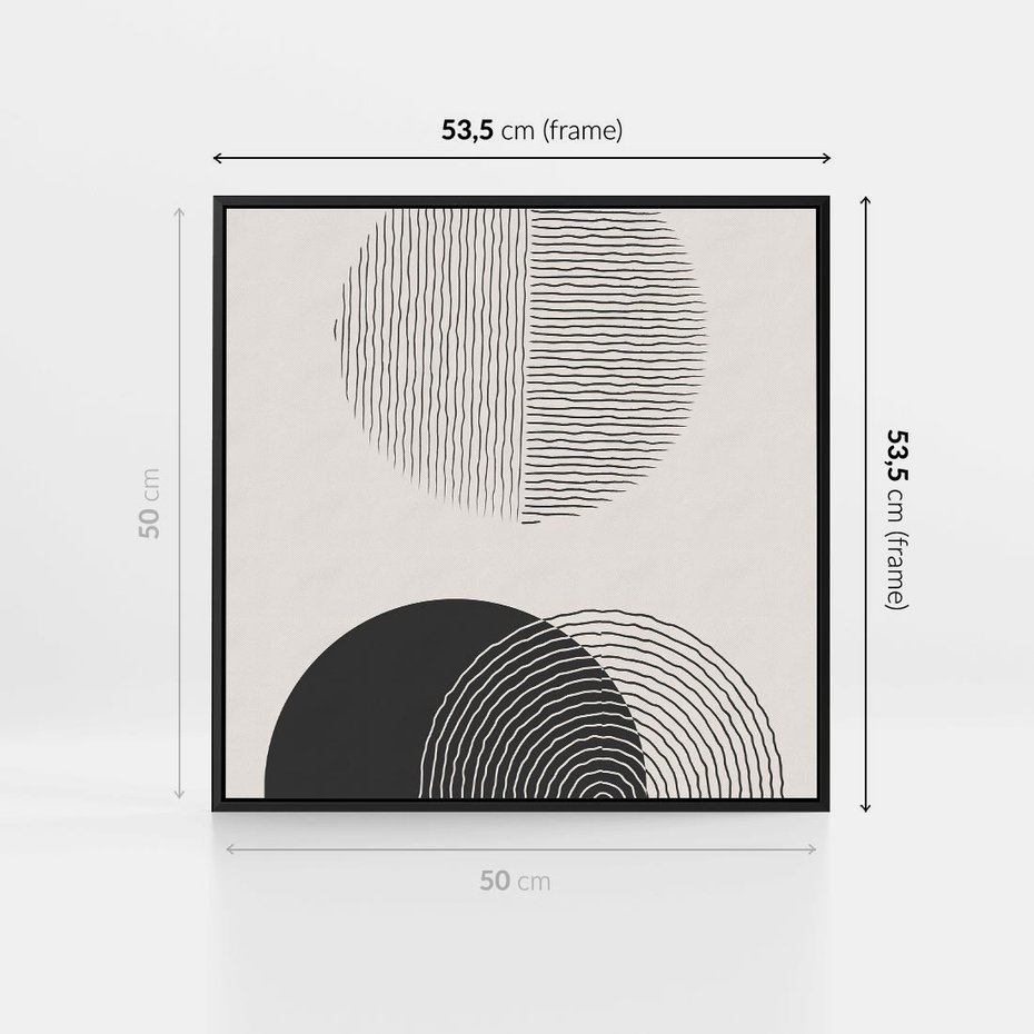 Obraz w ramie 50x50 - Przenikająca Rzeczywistość - abstrakcyjna kompozycja, okręgi i półokręgi - rama czarna