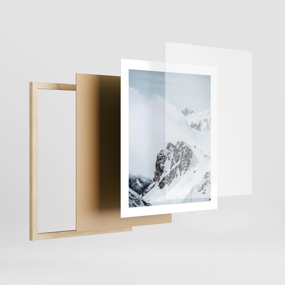 Plakat w ramie 40x50 - Górski Majestat - górskie szczyty pod śniegiem, górski krajobraz - rama drewno
