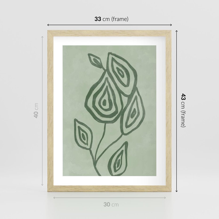 Plakat w ramie 30x40 - Szmaragdowy Oddech - abstrakcyjne delikatne zielone linie, podobne do gałęzi kwiatów - rama drewno
