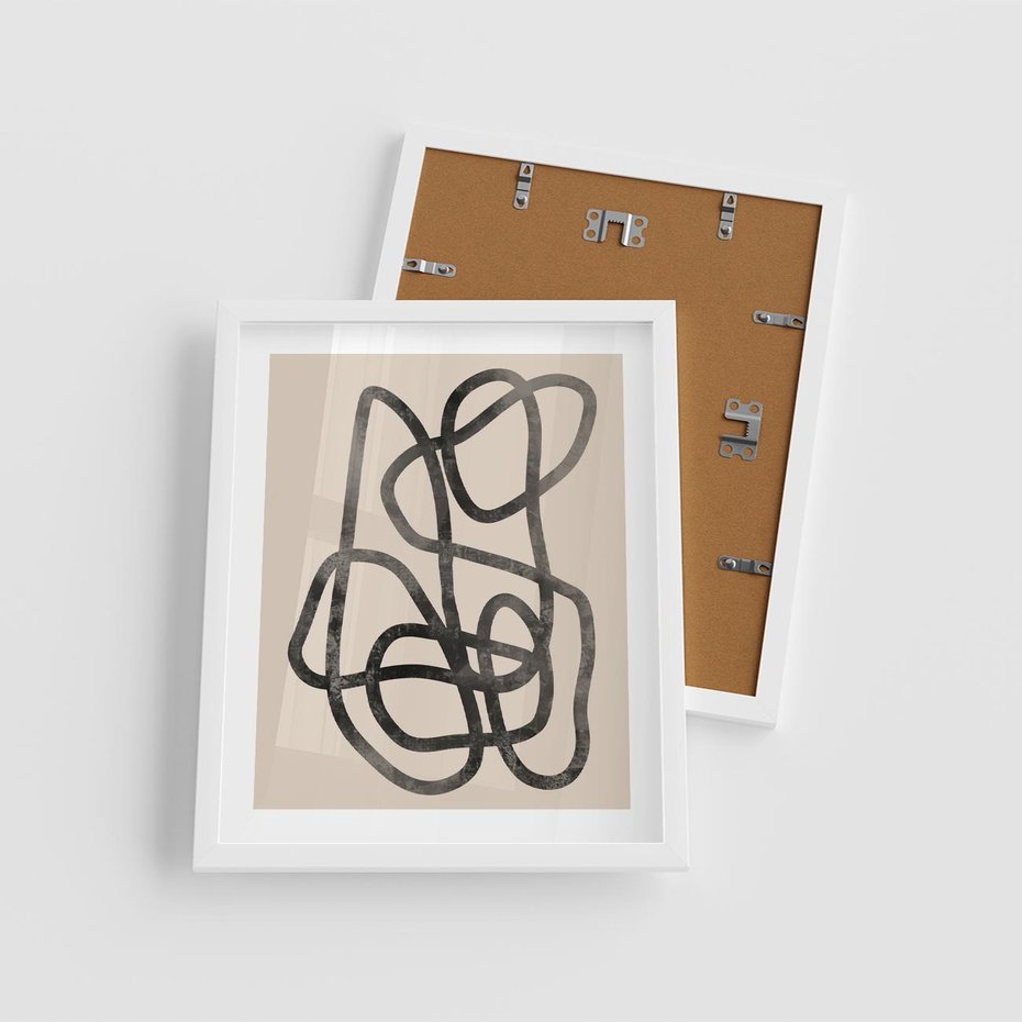 Plakat w ramie 40x50 - Przenikanie Wirtualnych Wymiarów - zaplątane minimalistyczne linie, na bezowym tle - rama biała