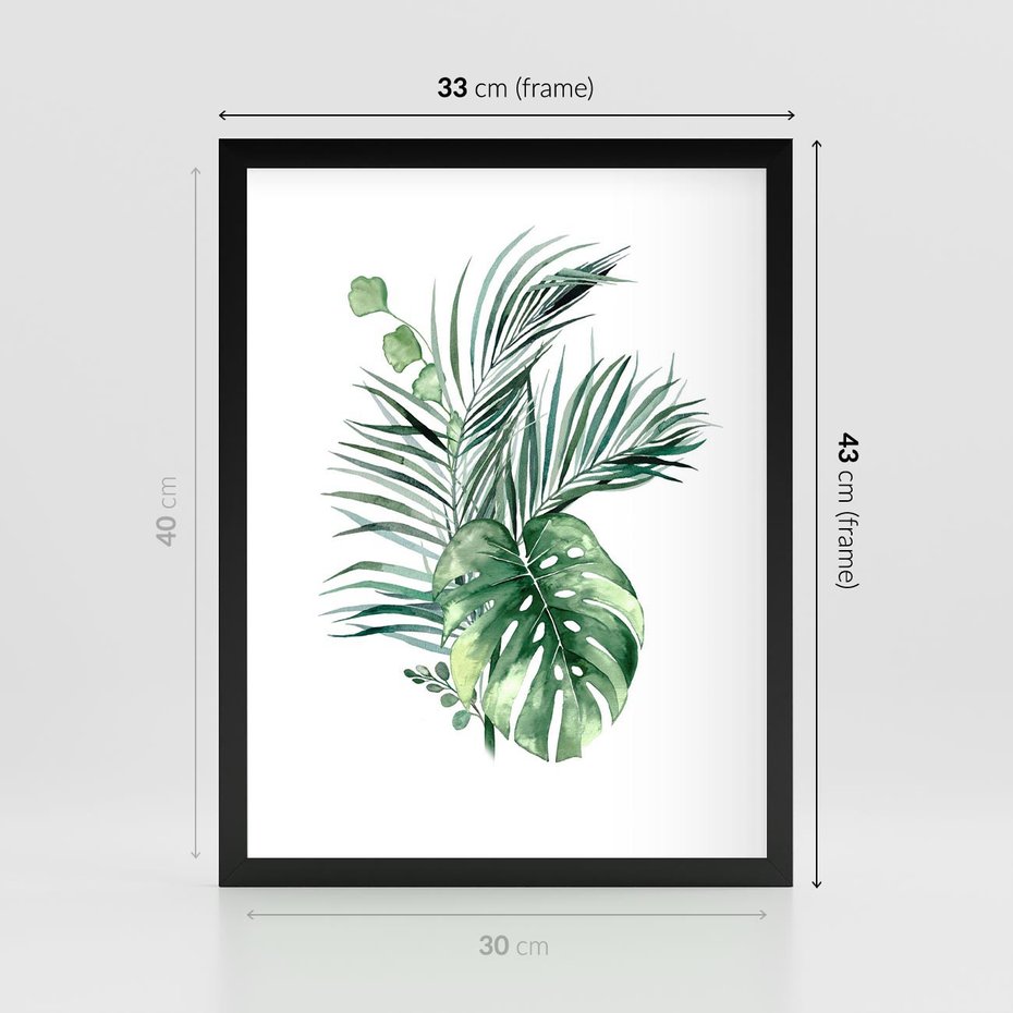 Plakat w ramie 30x40 - Liście i Życie: Akwarelowa Oaza - akwarelowy obrazek, pamy - rama czarna