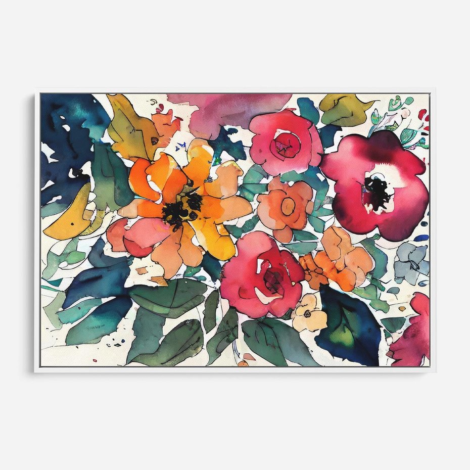 Obraz w ramie 70x50 - Kwiatowy Impuls Kolorów - abstrakcyjne kolorowe kwiaty, szkic - rama biała