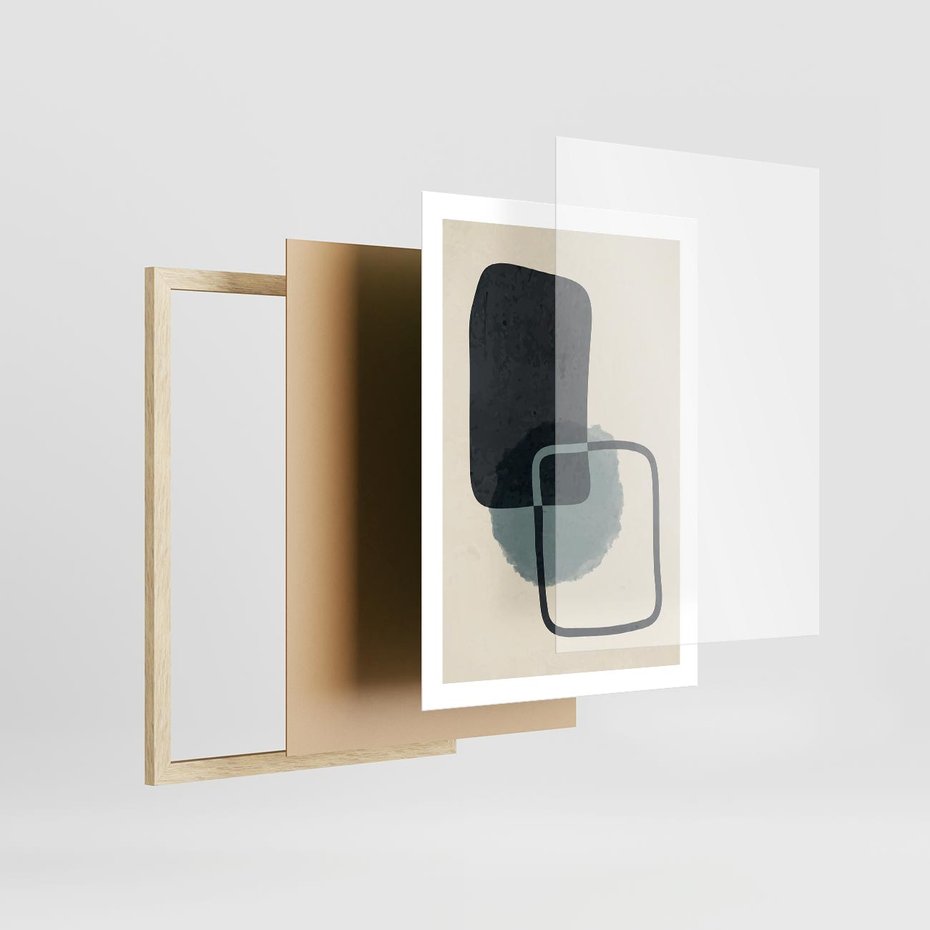 Plakat w ramie 50x70 - Migotliwe Refleksje - abstrakcyjne nieregularne kształty, minimalistyczny plakat - rama drewno
