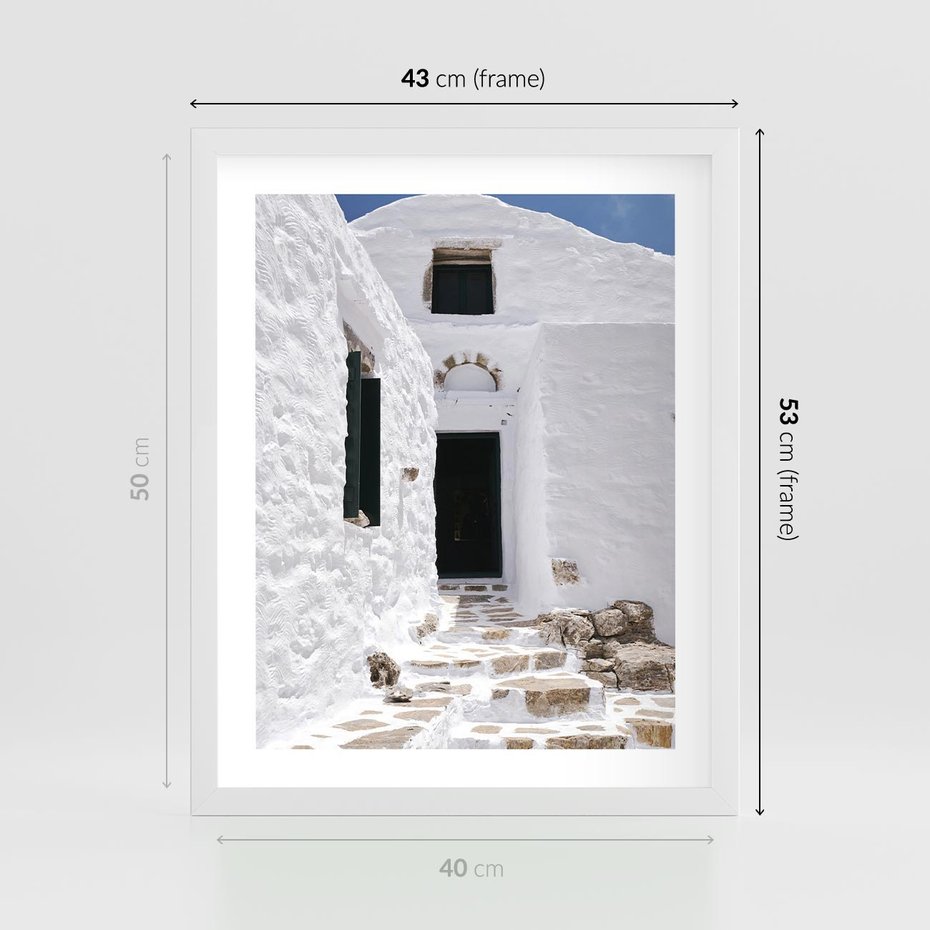 Plakat w ramie 40x50 - Santorini - Grecja błękitem malowana - Santorini, Grecja - rama biała
