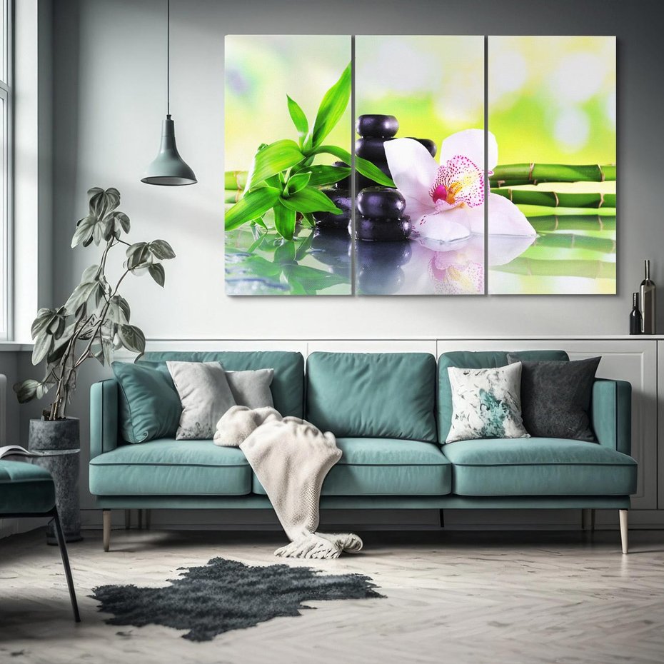 Obraz na płótnie 120x80 - Oaza Spokoju: Bambus, Kwiaty i Kamienie w SPA - bambus, kwiat