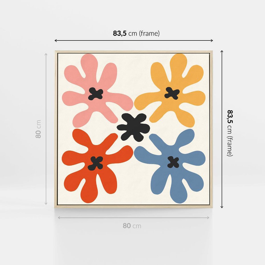 Obraz w ramie 80x80 - Taniec Akwareli - abstrakcyjne wielokolorowe kwiaty, minimalizm - rama drewno