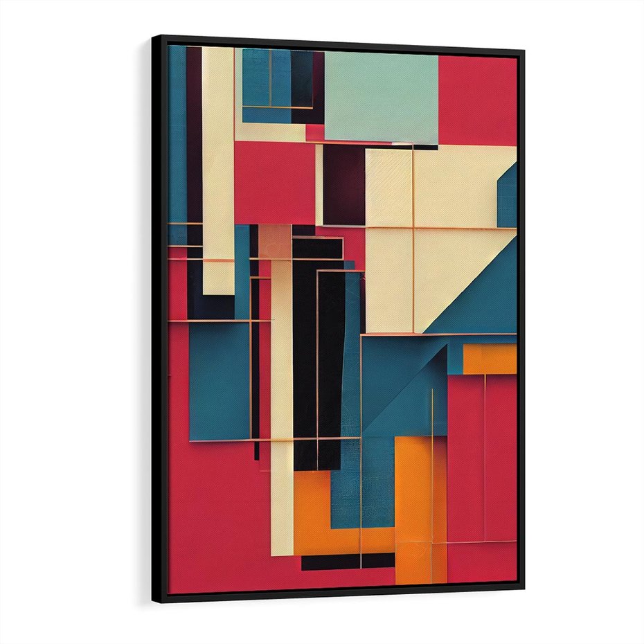 Obraz w ramie 70x100 - Przejście przez labirynt myśli - kolorowa abstrakcja, instalacja z prostokątów i lini - rama czarna