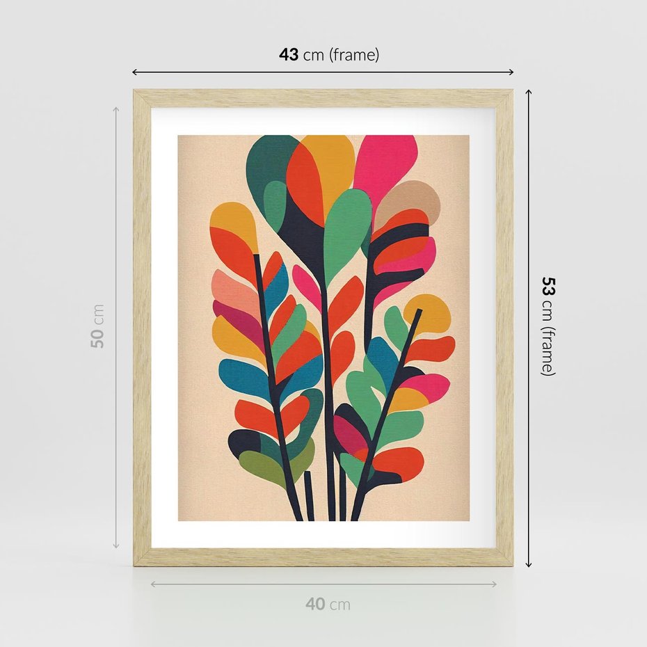 Plakat w ramie 40x50 - Symfonia Wzrokowych Impresji - abstrakcyjny kolorowy tęczowy obraz, inspiracje roślinne - rama drewno