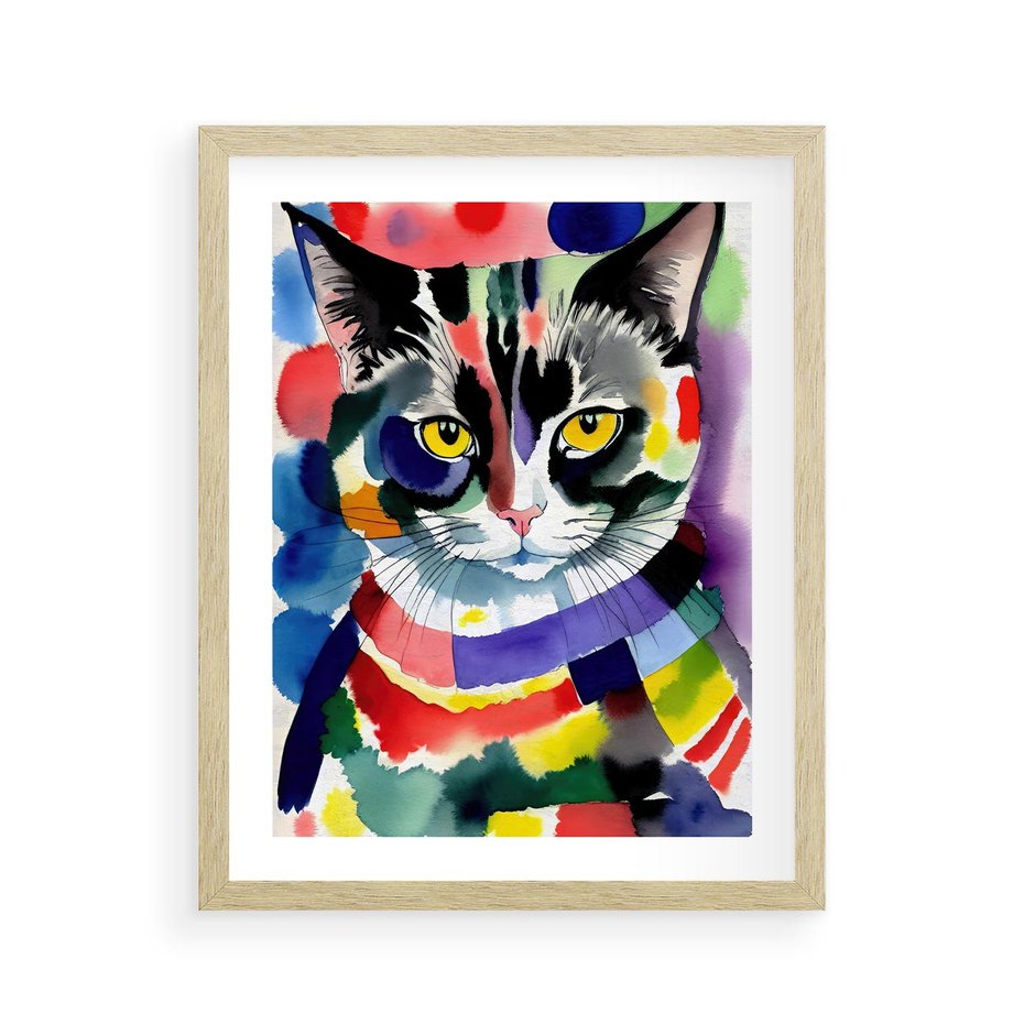 Plakat w ramie 40x50 - Koci Przyjaciel - abstrakcyjny obraz, akwarela - rama drewno