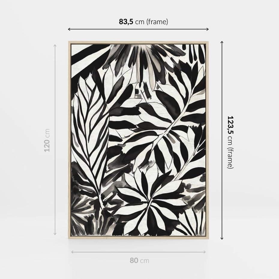 Obraz w ramie 80x120 - Czarne Liście - akwarelowy obraz, czarno biały - rama drewno
