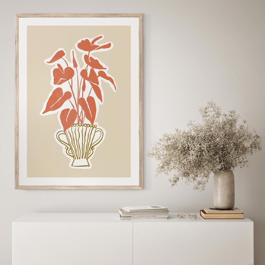 Plakat w ramie 40x50 - Harmonijne Echa - abstrakcyjne kwiaty liście, elegancka kompozycja - rama drewno