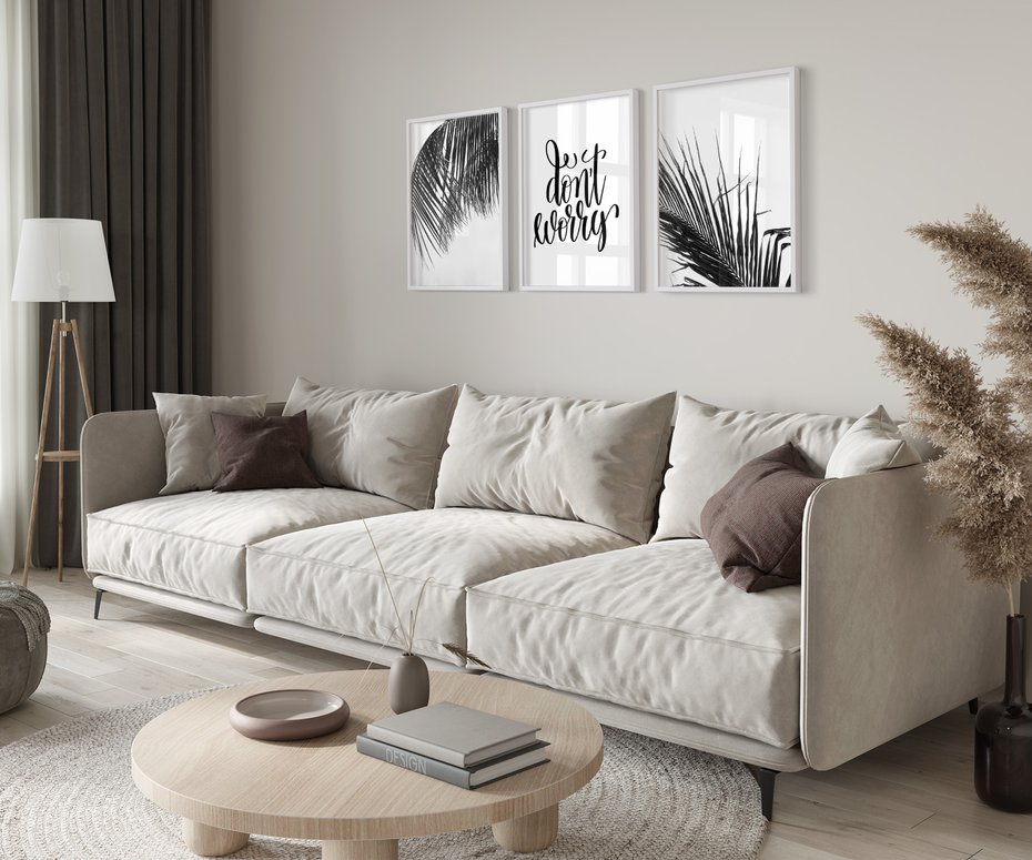 Zestaw obrazy w ramie 30x40 galeria - Palmy, liście, cytat, napis - rama biała