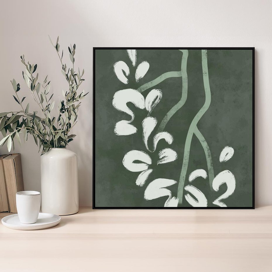 Obraz w ramie 50x50 - Rozkwitające Zielone Gałęzie - abstrakcyjne delikatne zielone linie, podobne do gałęzi kwiatów - rama czarna